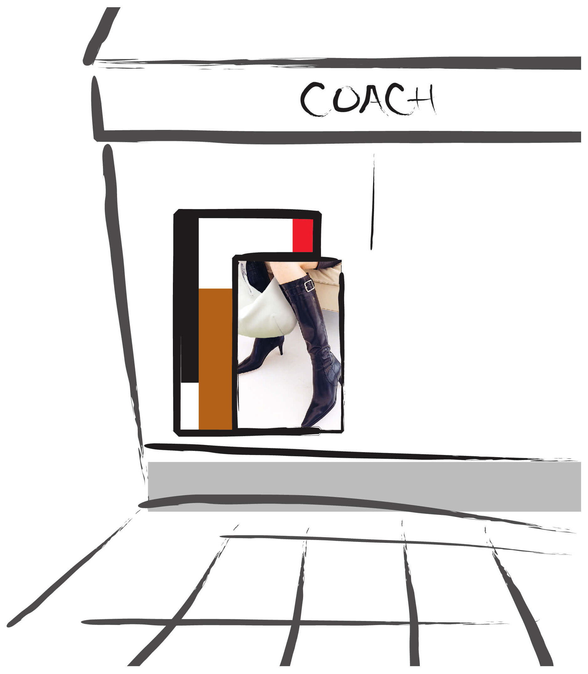 Coach storefront window display illustration with boots